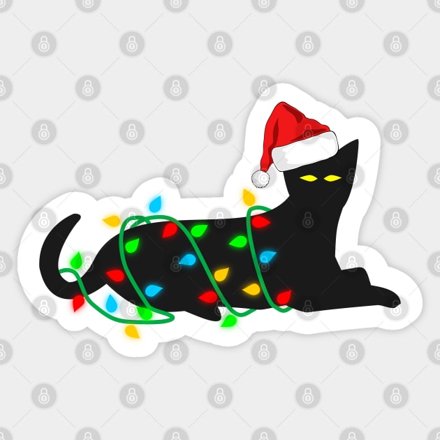 Black Cat tangled in Christmas lights Sticker by The Green Path